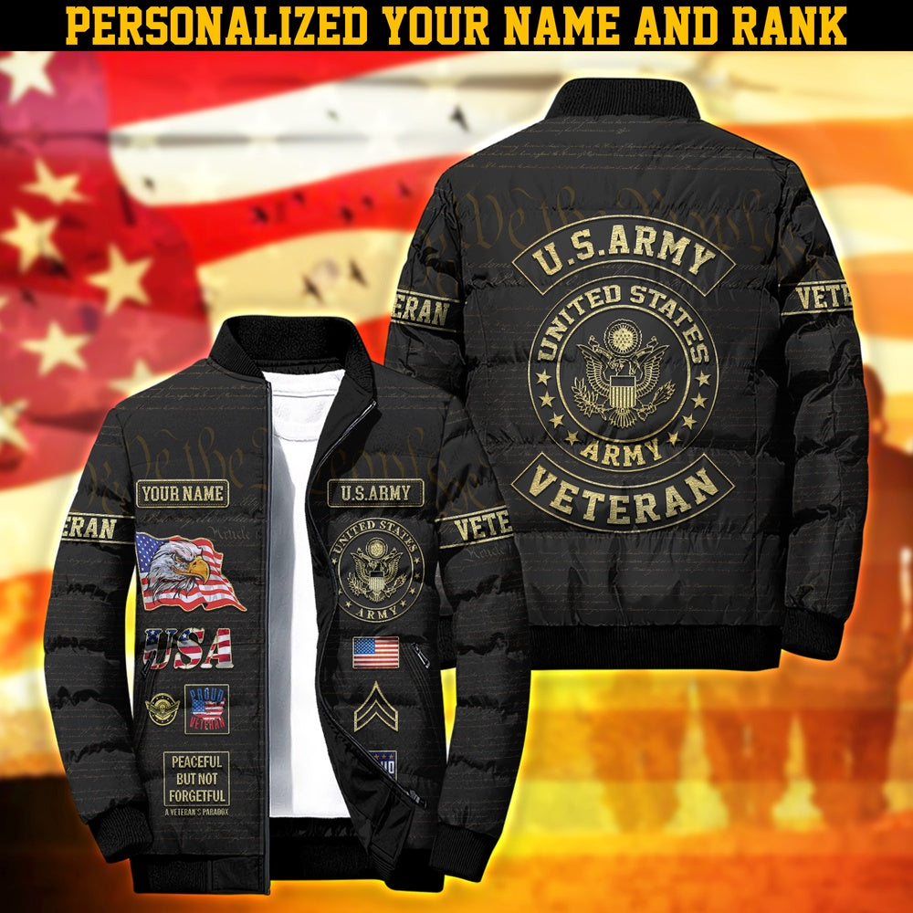 Army Puffer Jacket, Personalized US Army Puffer Jacket With Your Name And Rank, Army Veteran Jacket