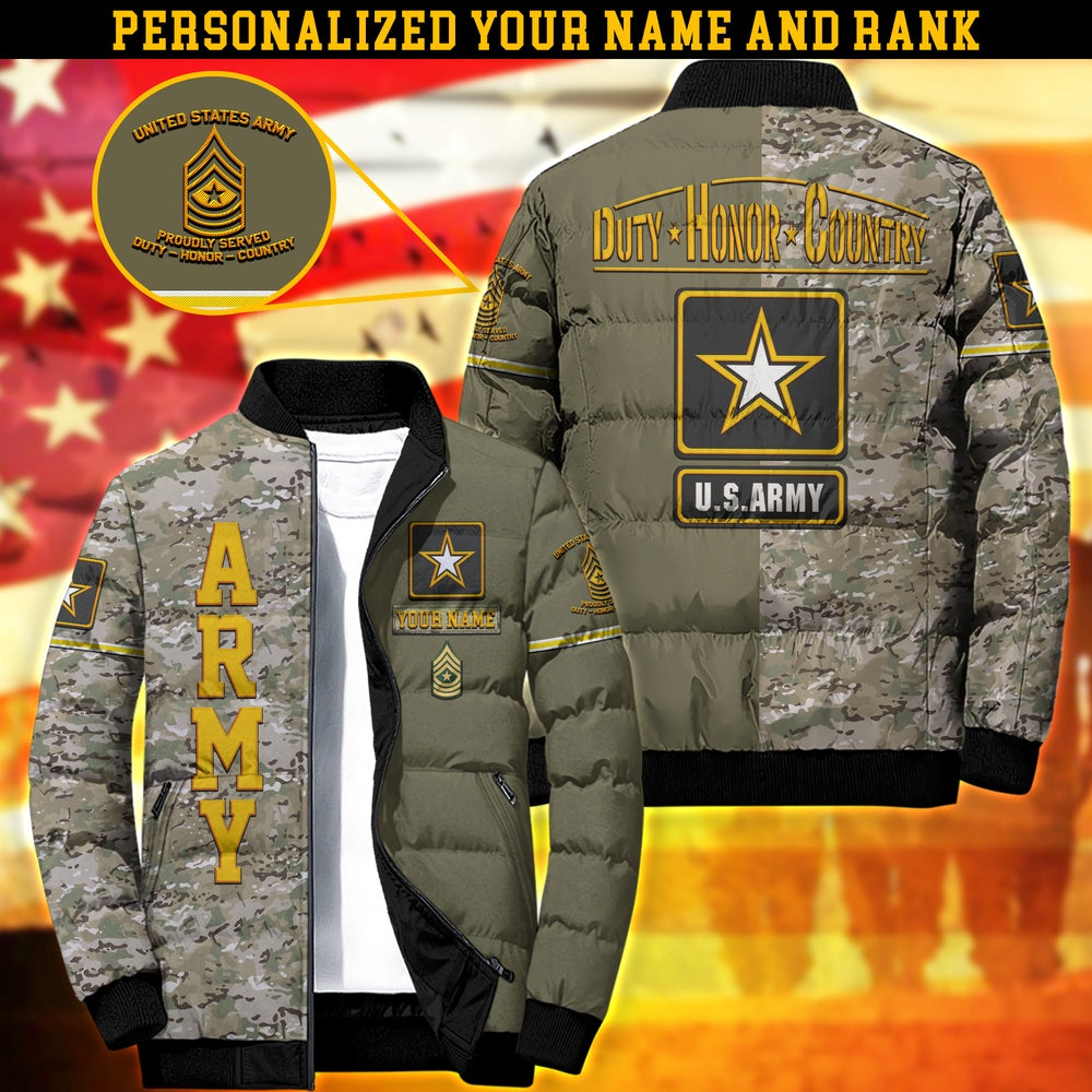 Army Puffer Jacket, US Army Camouflage Puffer Jacket Personalized Your Name And Rank, Army Jacket