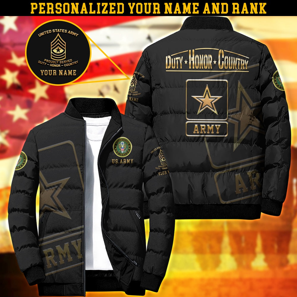 Army Puffer Jacket, US Army Duty Honor Country Puffer Jacket Personalized Your Name And Rank, US Army Jacket