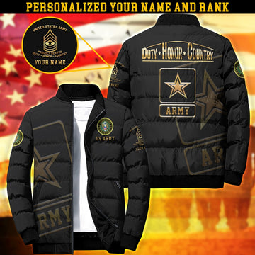 Army Puffer Jacket, US Army Duty Honor Country Puffer Jacket Personalized Your Name And Rank, US Army Jacket