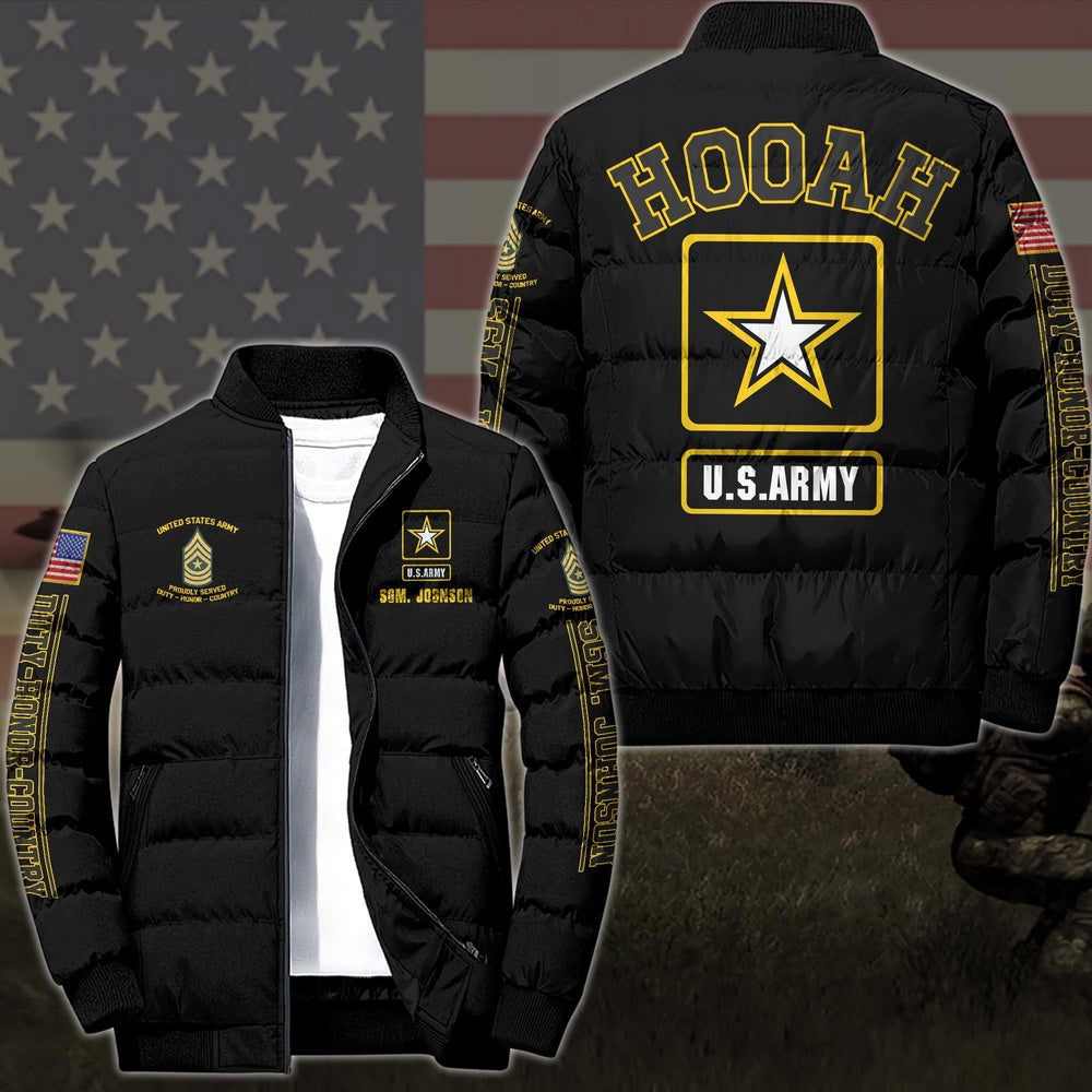 Army Puffer Jacket, US Army Hooah Puffer Jacket Custom Your Name And Rank, US Army Military Jacket