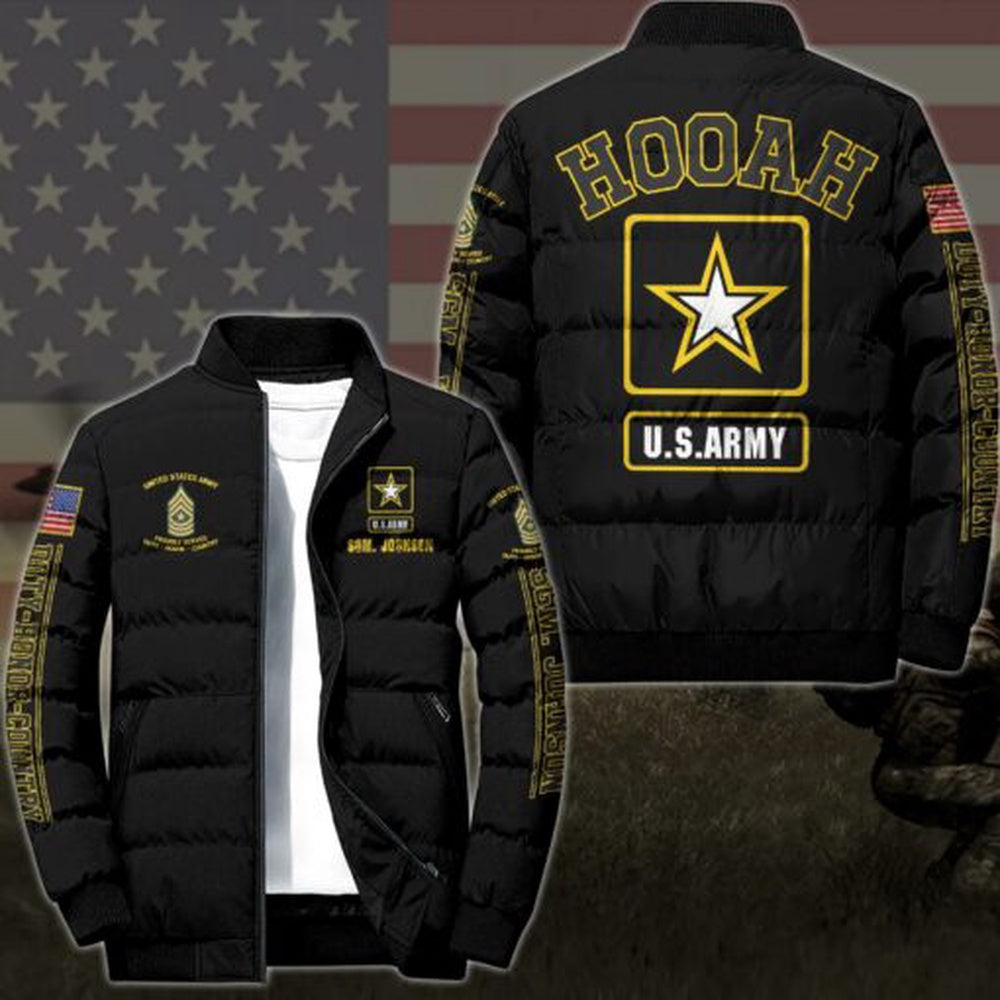 Army Puffer Jacket, US Army Hooah Puffer Jacket Custom Your Name And Rank, US Army Military Jacket