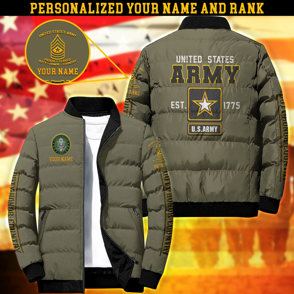 Army Puffer Jacket, US Army Puffer Jacket Personalized Your Name And Rank, Puffer Jacket For Army Soldier