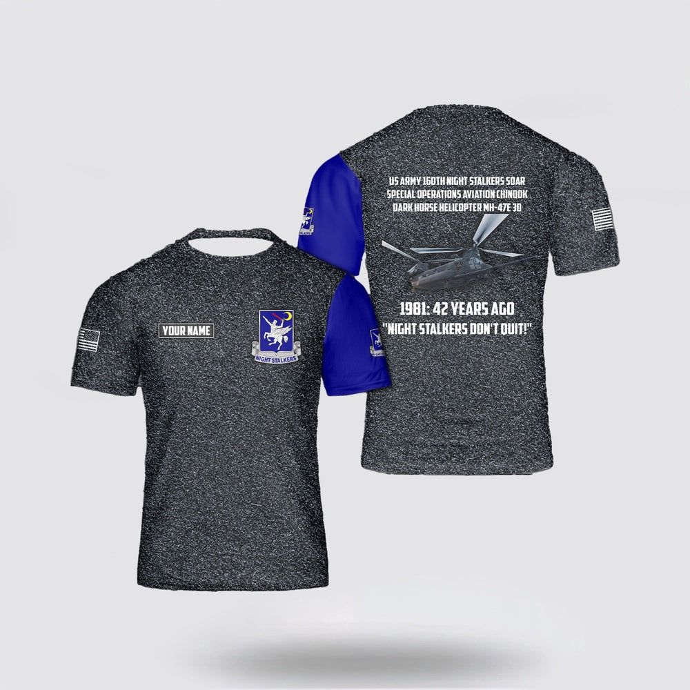 Army T Shirt, Custom Name US Army 160th Night Stalkers Soar Special Operations Aviation Chinook Dark Horse Helicopter MH-47E 3D T Shirt