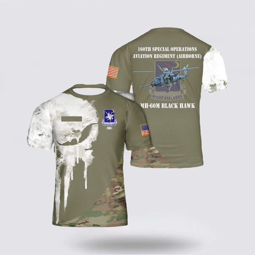 Army T Shirt, Custom Name US Army 160th Special Operations Aviation Regiment (Airborne) MH-60M Black Hawk T Shirt 3D