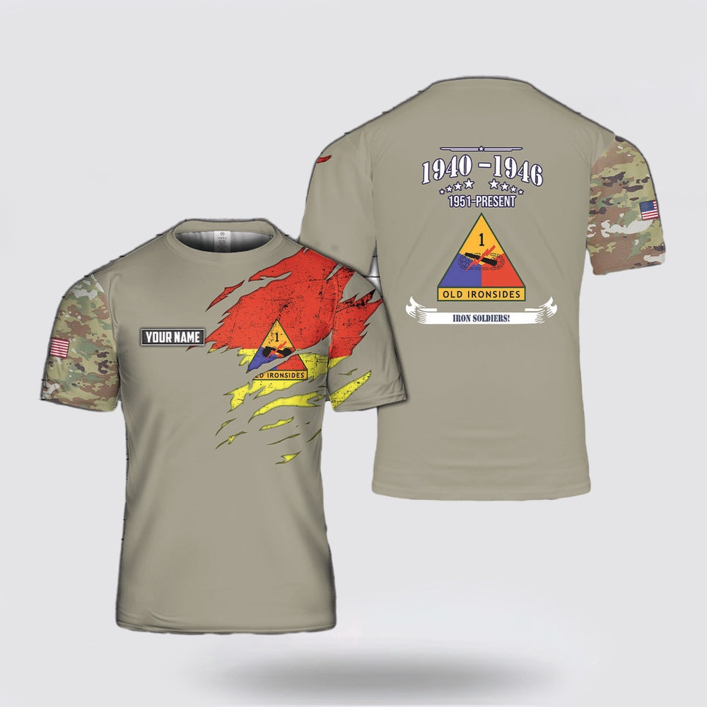 Army T Shirt, Custom Name US Army 1st Armored Division 3D T Shirt