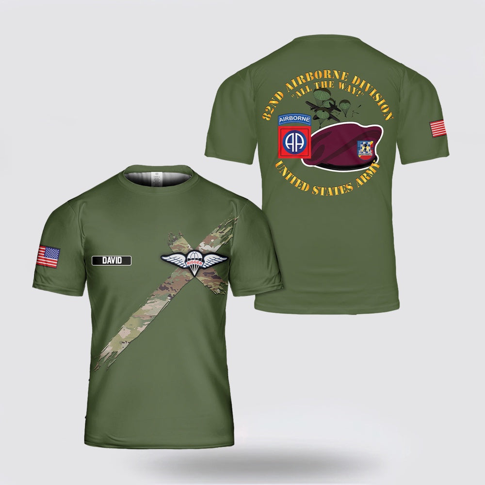 Army T Shirt, Custom Name US Army 82nd Airborne Division 325 Infantry Regt Rigger Emblem T Shirt 3D