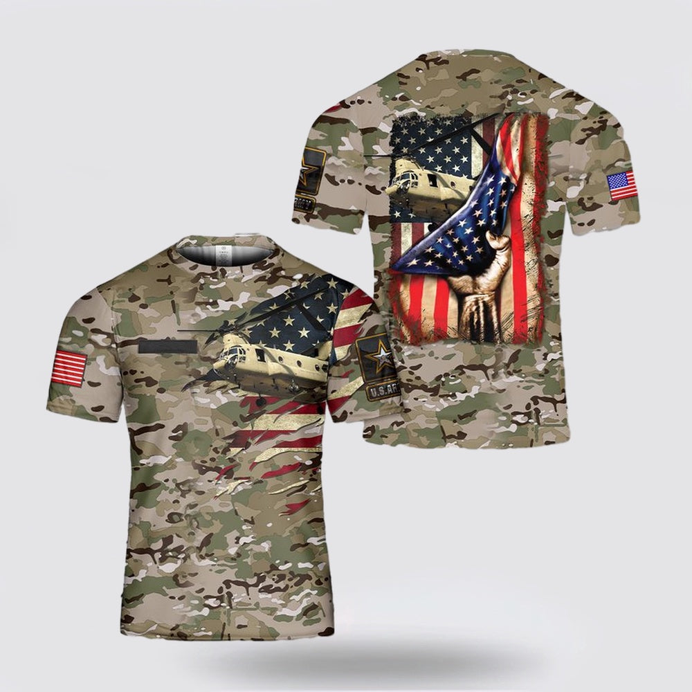 Army T Shirt, Custom Name US Army Boeing CH-47 Chinook 3D T Shirt