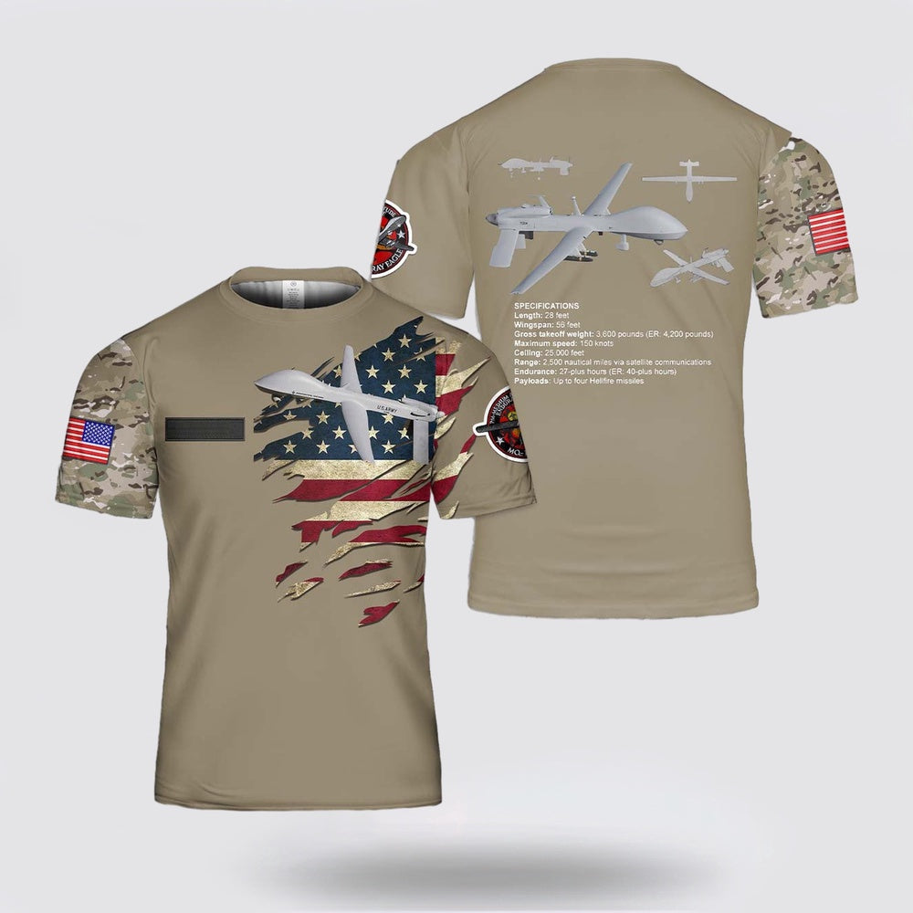 Army T Shirt, Custom Name US Army General Atomics MQ-1C Gray Eagle T Shirt 3D