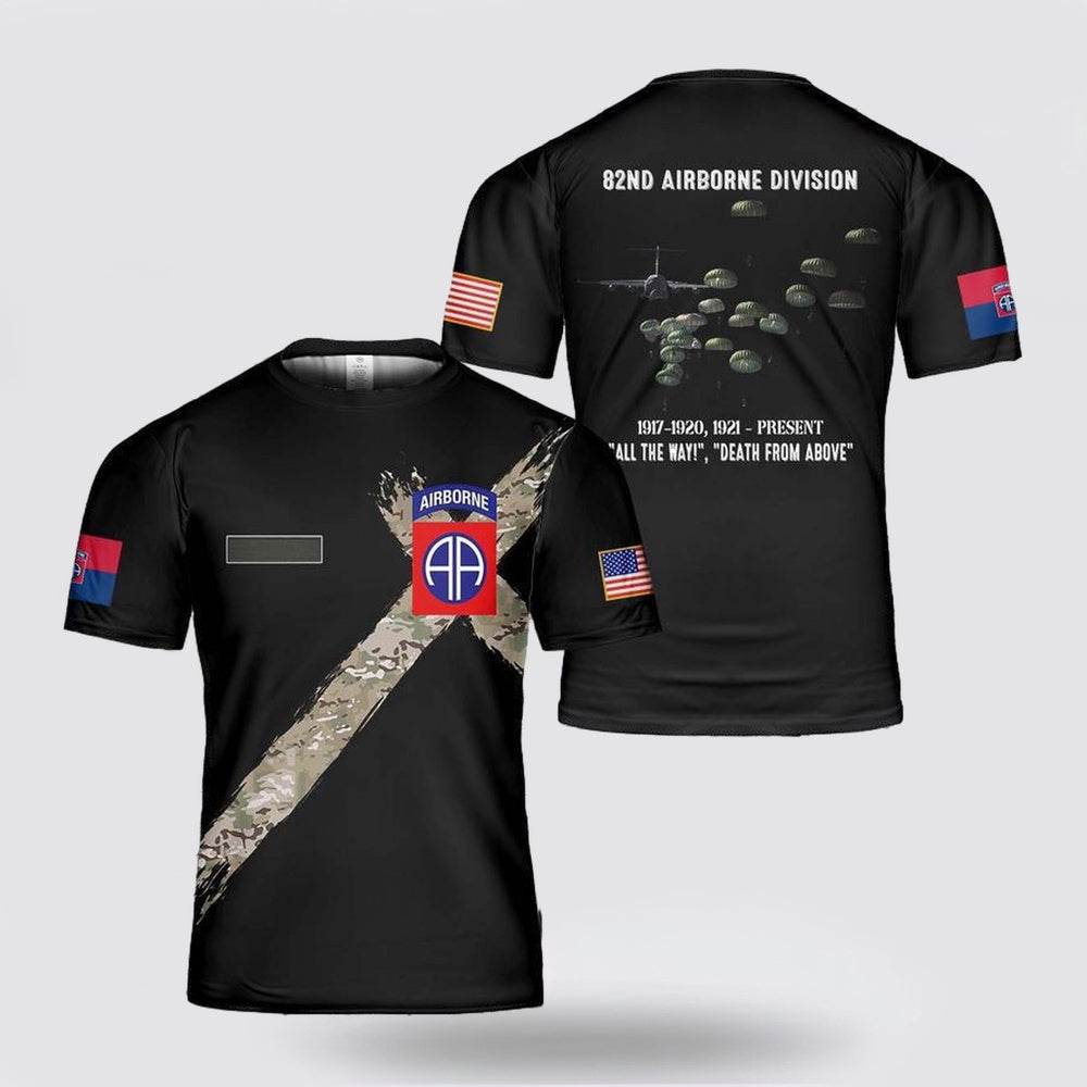 Army T Shirt, Custom Name US Army Paratroopers With The 82nd Airborne Division Parachute Print T Shirt 3D