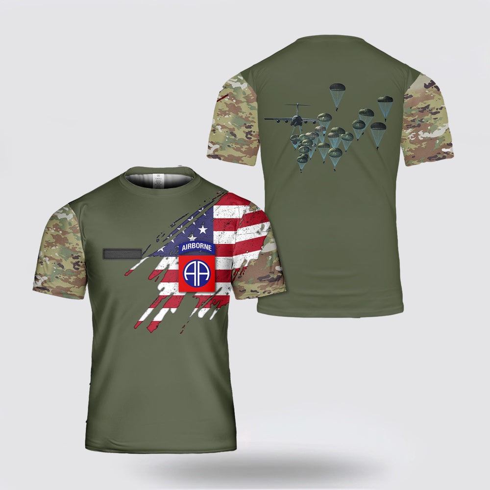 Army T Shirt, Custom Name US Army Paratroopers With The 82nd Airborne Division Parachute Printed T Shirt 3D