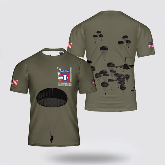 Army T Shirt, Custom Name US Army Paratroopers With The 82nd Airborne Division Parachute Veteran All Over Print TShirt