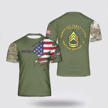 Army T Shirt, Custom Name US Army Sergeant First Class (SFC) Retired Fort Sam Houston, TX T Shirt 3D