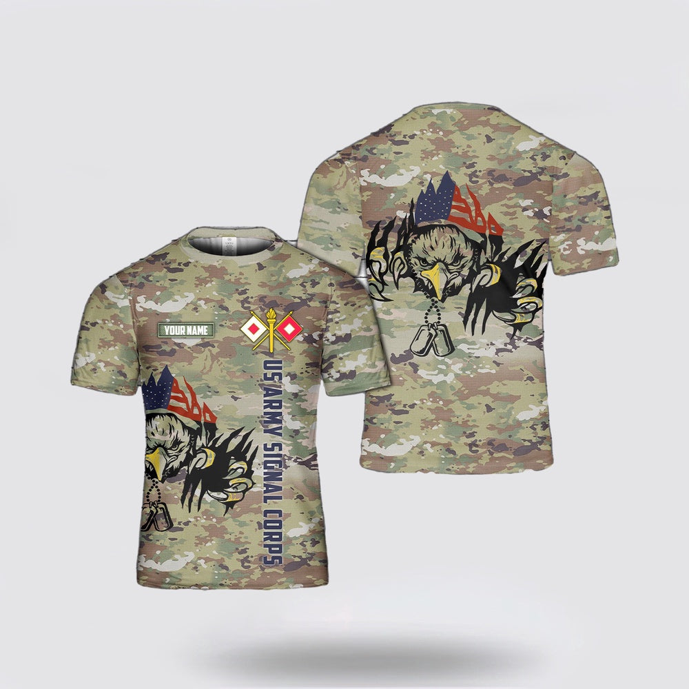 Army T Shirt, Custom Name US Army Signal Corps Branch Badge 3D T Shirt