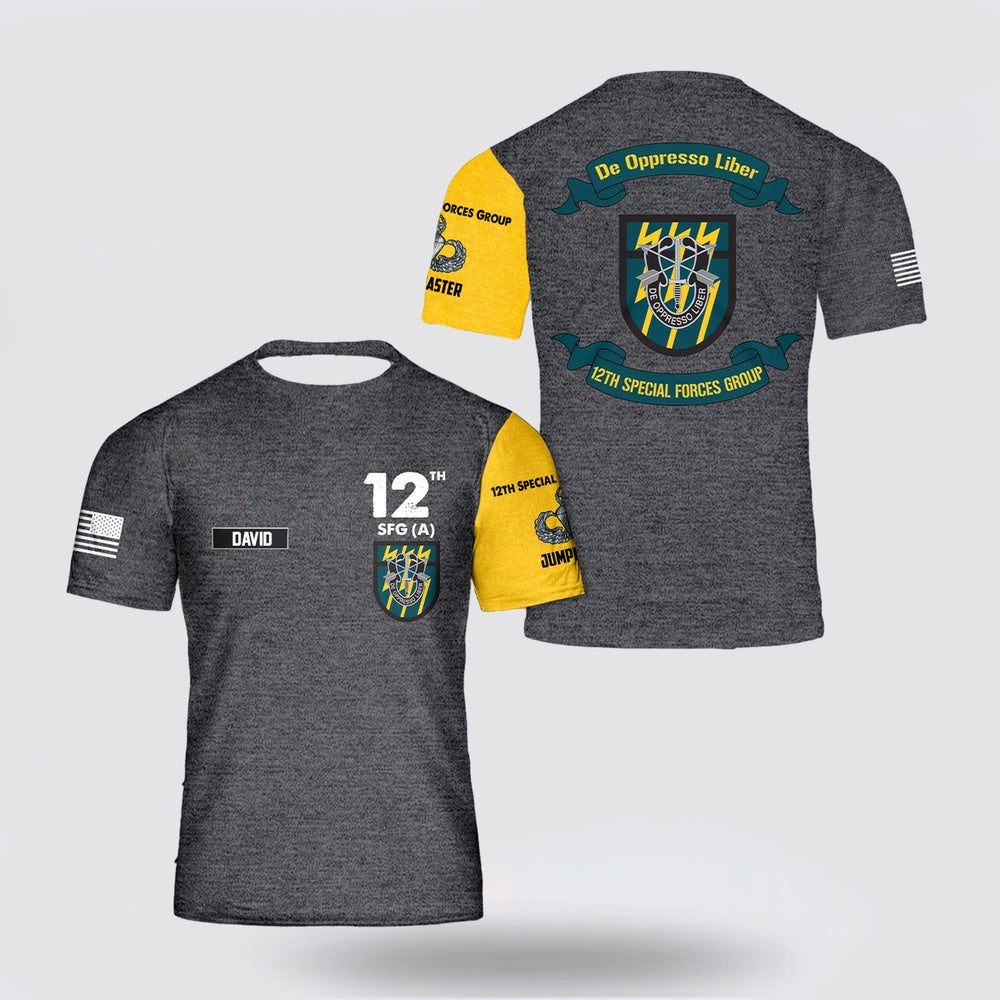 Army T Shirt, Custom Name US Army Special 12th Special Forces Group (12th SFG)(A) T Shirt 3D