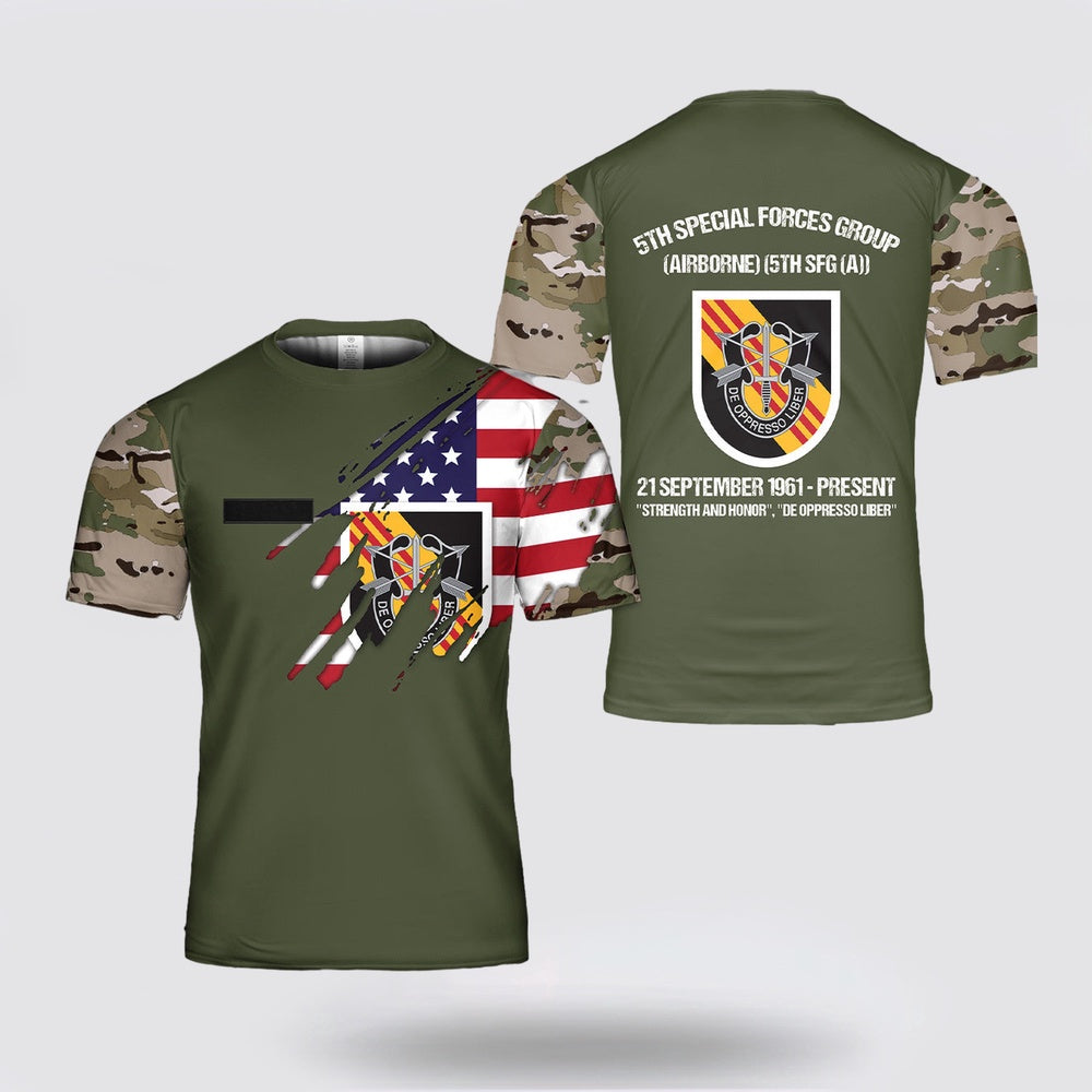 Army T Shirt, Custom Name US Army Special Forces 5th Special Forces Group (Airborne) (5th SFG (A)) Print T Shirt 3D