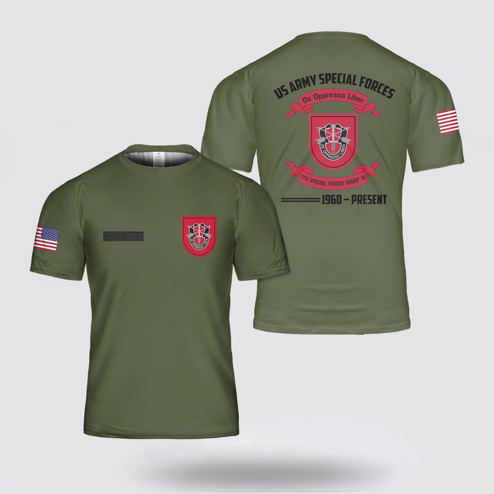 Army T Shirt, Custom Name US Army Special Forces 7th Special Forces Group (Airborne) (7th SFG) (A) T Shirt 3D