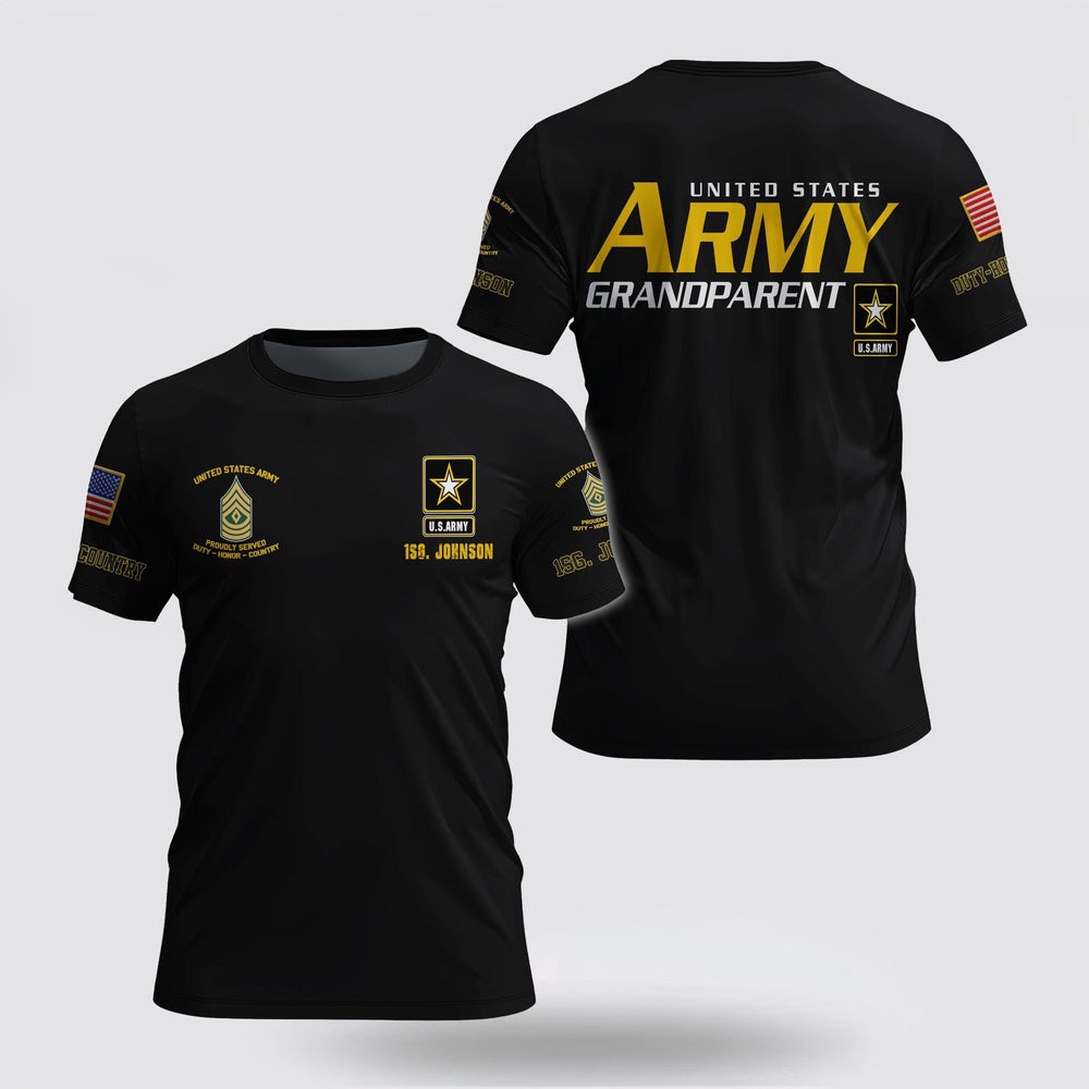 Army T Shirt, US Army Grandparent 3D T Shirt Custom Your Name And Rank, Veteran T Shirt