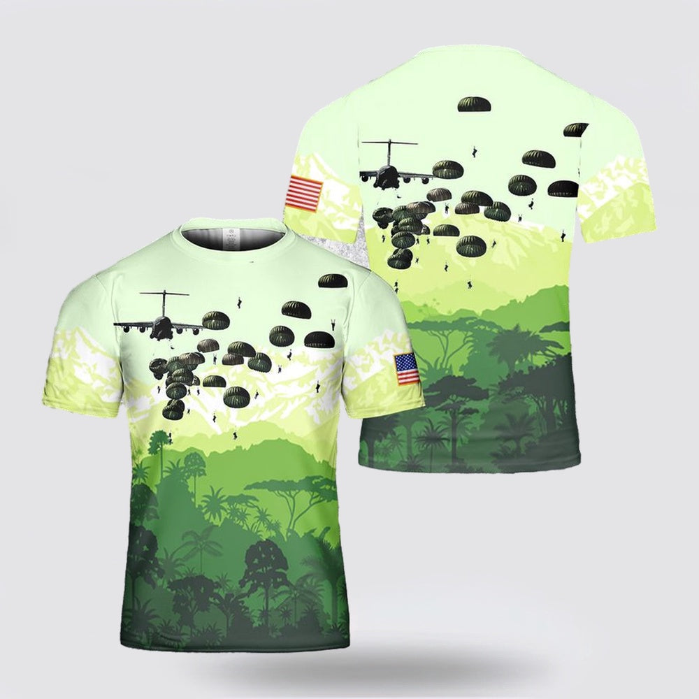 Army T Shirt, US Army Paratroopers With The 82nd Airborne Division Parachute Print T Shirt 3D, Veteran T Shirt