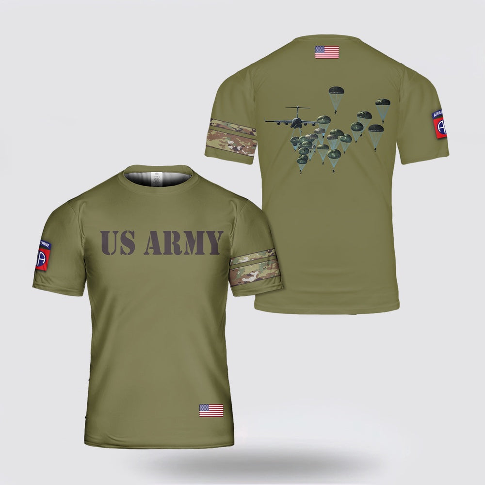 Army T Shirt, US Army Paratroopers With The 82nd Airborne Division Parachute T Shirt 3D, Veteran T Shirt