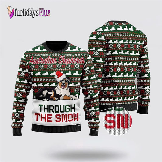 Australian Shepherds Through The Snow Christmas Ugly Sweater, Dog Lover Christmas Sweater