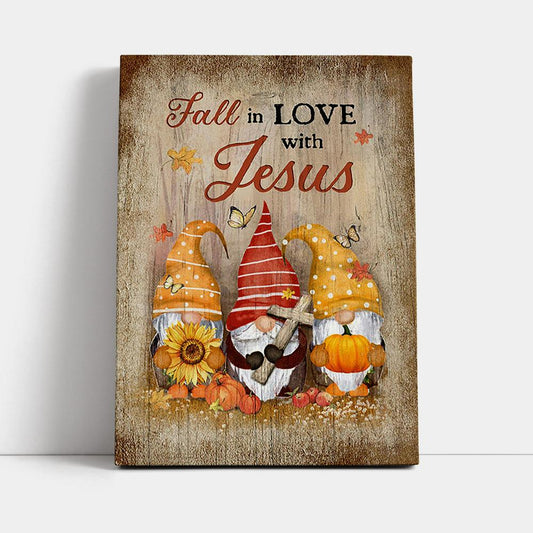 Autumn Gnome Wooden Cross Sunflower Butterfly - Fall In Love With Jesus Canvas Wall Art - Christian Canvas Prints