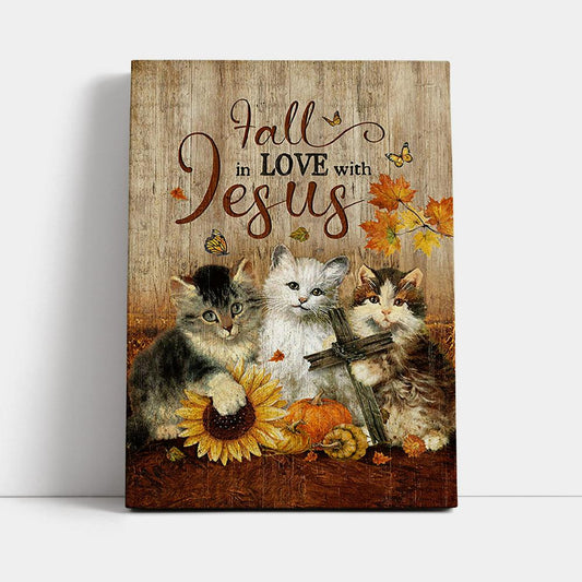 Autumn Season Cute Kittens Pumpkin Cat Painting Canvas - Fall In Love With Jesus Canvas Wall Art - Christian Canvas Prints