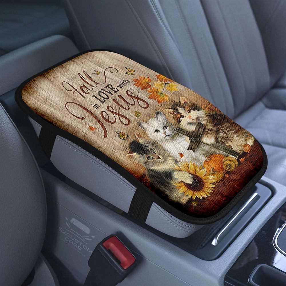 Autumn Season Cute Kittens Pumpkin Cat Painting Car Center Console Cover, Fall In Love With Jesus Armrest Pad Cover, Christian Car Accessory