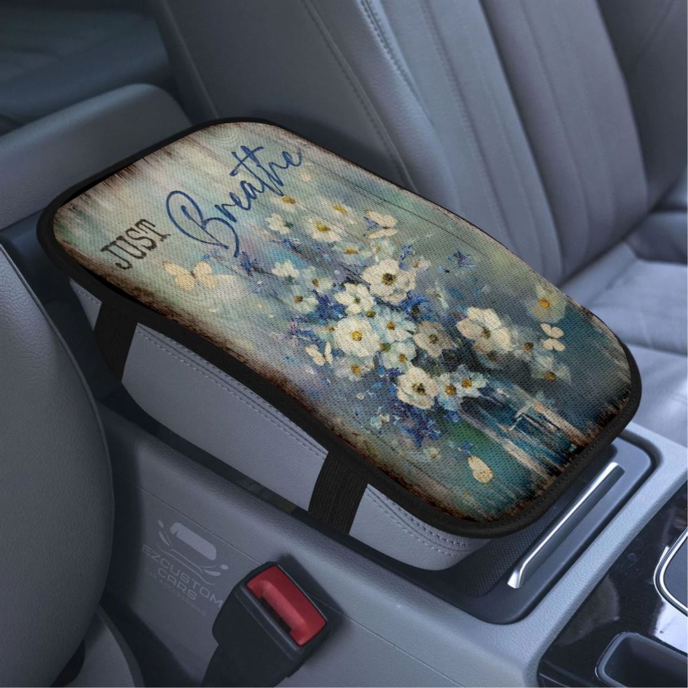 Baby Flower Butterfly Just Breathe Car Center Console Cover, Bible Verse Car Armrest Cover