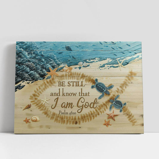 Be Still And Know That I Am God Beach Couple Sea Turtle Starfish Conch Canvas Wall Art, Bible Verse Canvas, Religious Prints