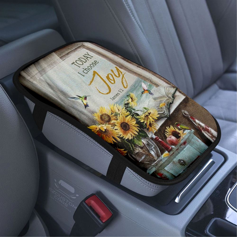 Beach Painting, Sunflower Vase, Hummingbird, Today I Choose Joy Car Center Console Cover, Bible Verse Car Armrest Cover