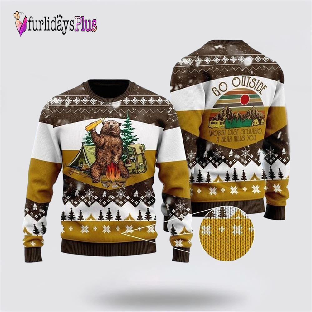 Bear Beer Campfire Yellow Wool Ugly Christmas Sweater, Sweater Gifts For Pet Lover