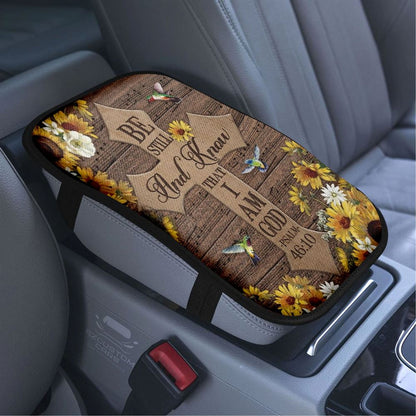 Beautiful Cross Hummingbird Be Still And Know That I Am God Car Center Console Cover, Bible Verse Car Armrest Cover