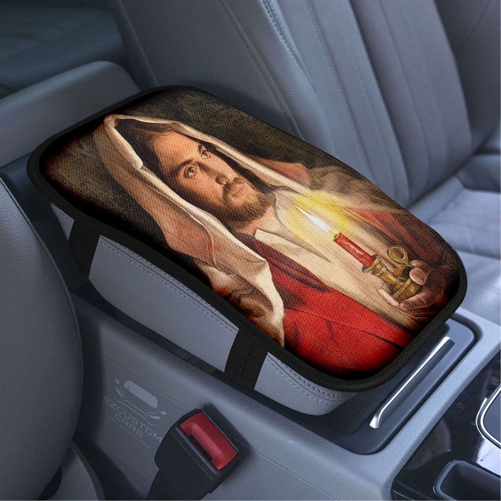 Beautiful Jesus, Dark Night, Candle Painting Car Center Console Cover, Bible Verse Car Armrest Cover