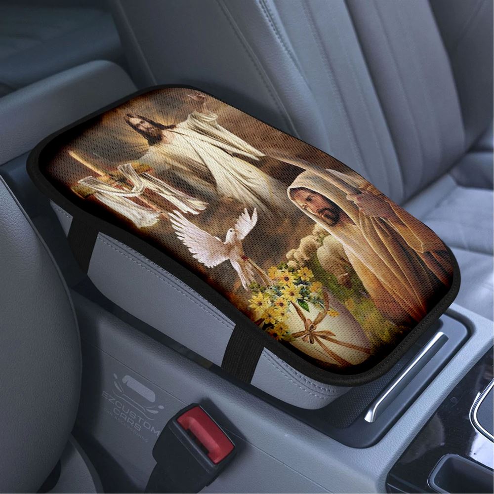 Beautiful Jesus Painting Dove Cross Yellow Flower Car Center Console Cover, Bible Verse Car Armrest Cover