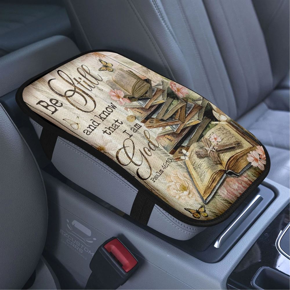 Bible Books, Old Rugged Cross, Camelia Flowers, Be Still I Am God Car Center Console Cover, Bible Verse Car Armrest Cover