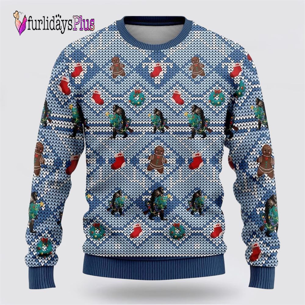 Bigfoot Christmas Blue Pattern Ugly Christmas Sweater, Best Gift For Christmas