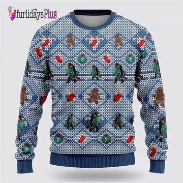 Bigfoot Christmas Blue Pattern Ugly Christmas Sweater, Best Gift For Christmas
