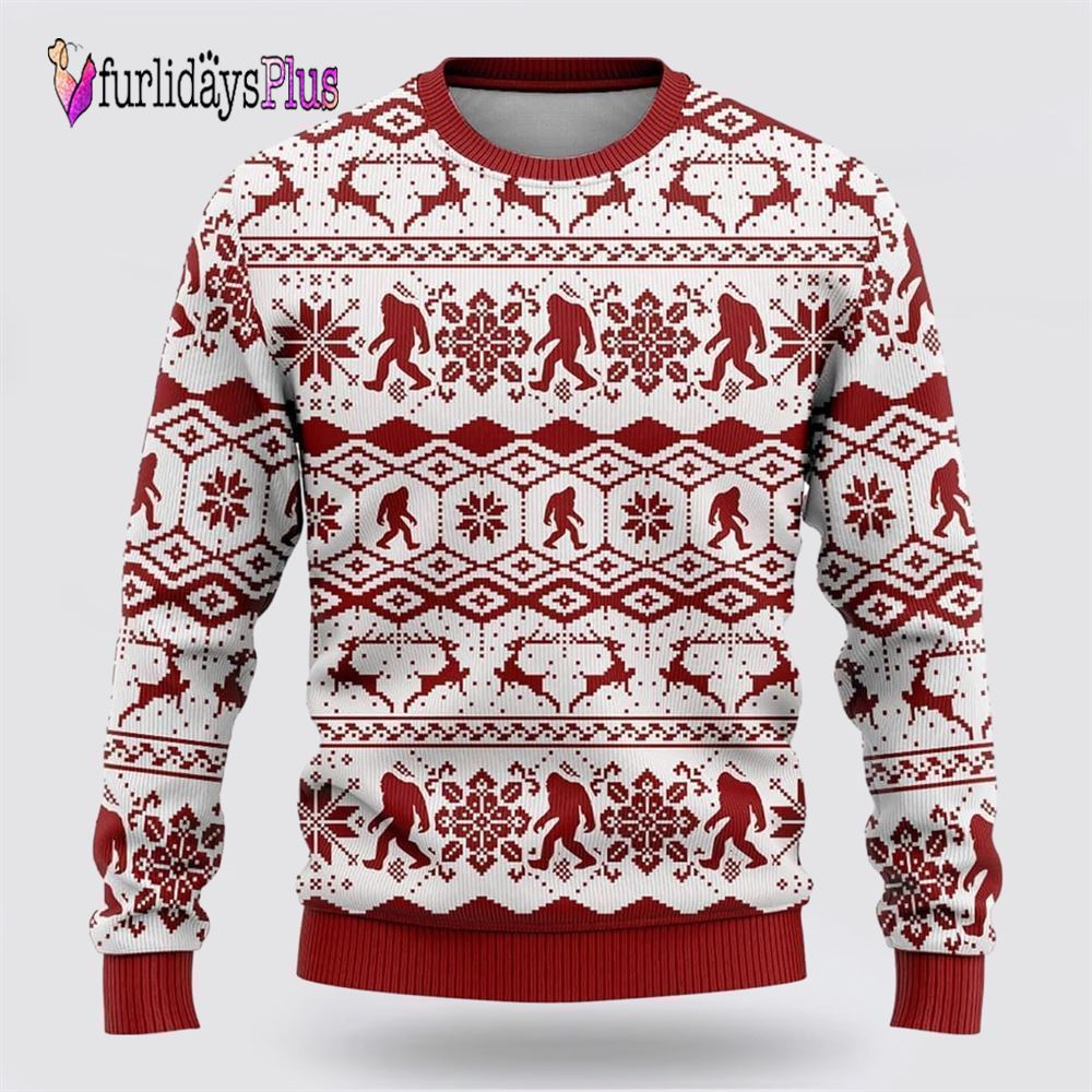 Bigfoot Classic Red Pattern Ugly Christmas Sweater, Best Gift For Christmas