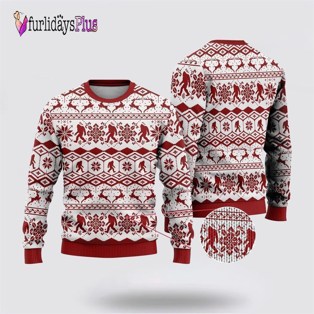Bigfoot Classic Red Pattern Ugly Christmas Sweater, Best Gift For Christmas