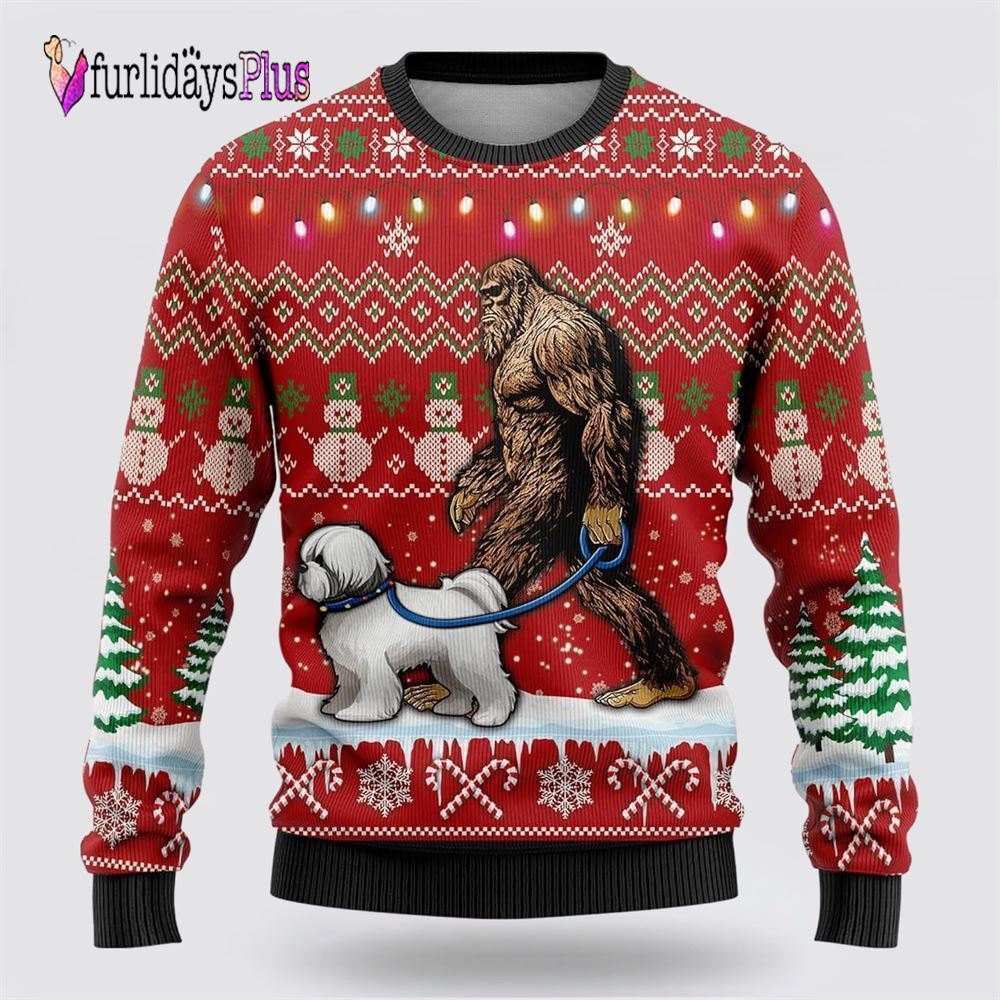 Bigfoot Goes To Spend Christmas With Bichon Frise Ugly Christmas Sweater, Best Gift For Christmas