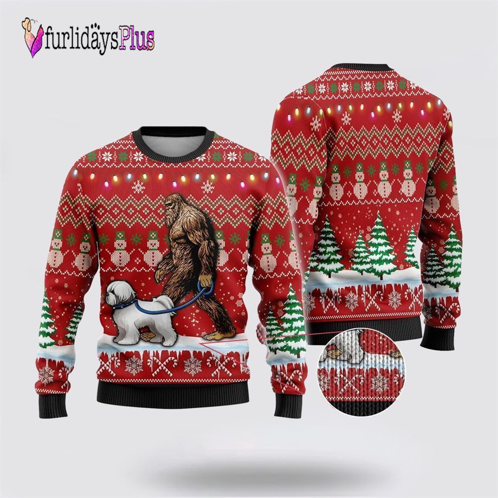 Bigfoot Goes To Spend Christmas With Bichon Frise Ugly Christmas Sweater, Best Gift For Christmas