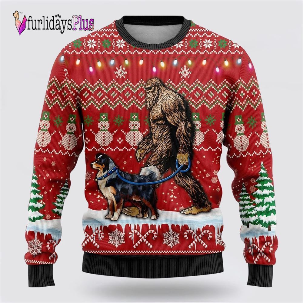 Bigfoot Goes To Spend Christmas With Border Collie Ugly Christmas Sweater, Best Gift For Christmas