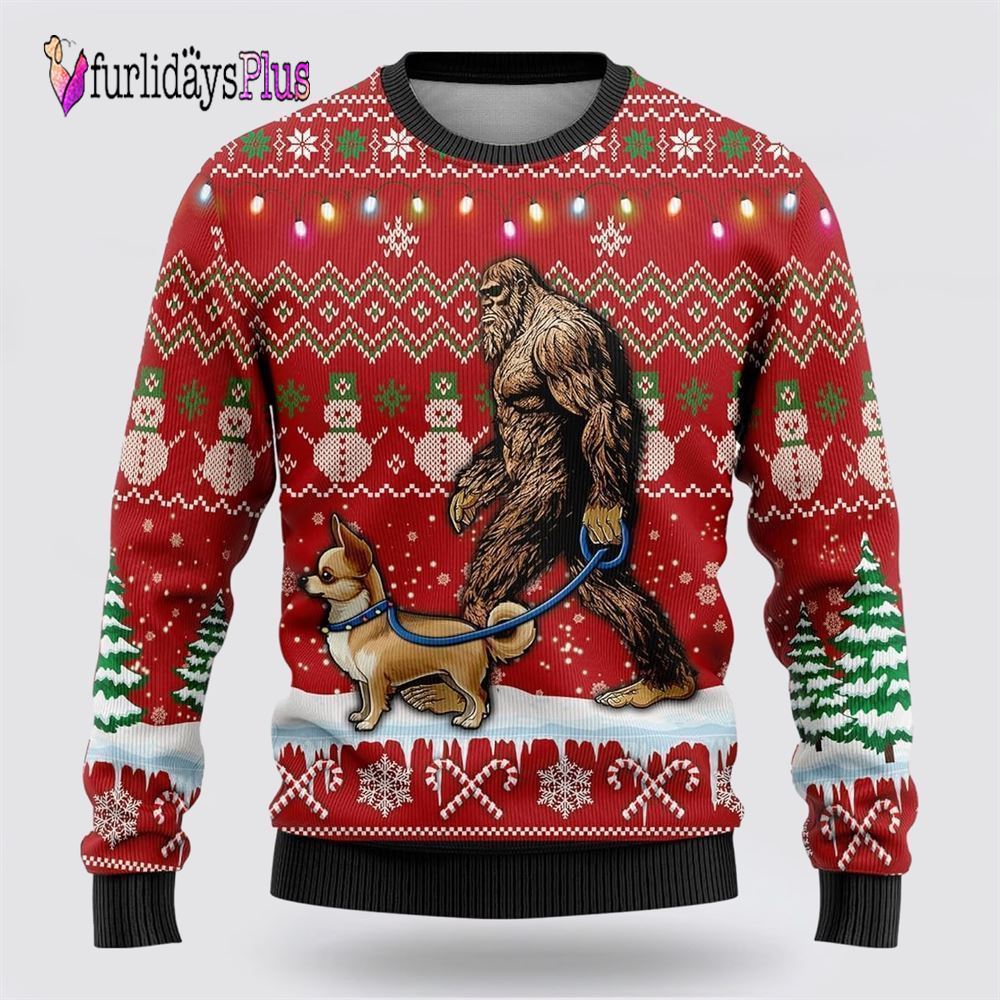 Bigfoot Goes To Spend Christmas With Chihuahua Ugly Christmas Sweater, Best Gift For Christmas