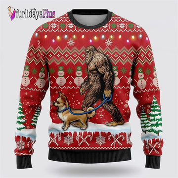 Bigfoot Goes To Spend Christmas With Chihuahua Ugly Christmas Sweater, Best Gift For Christmas