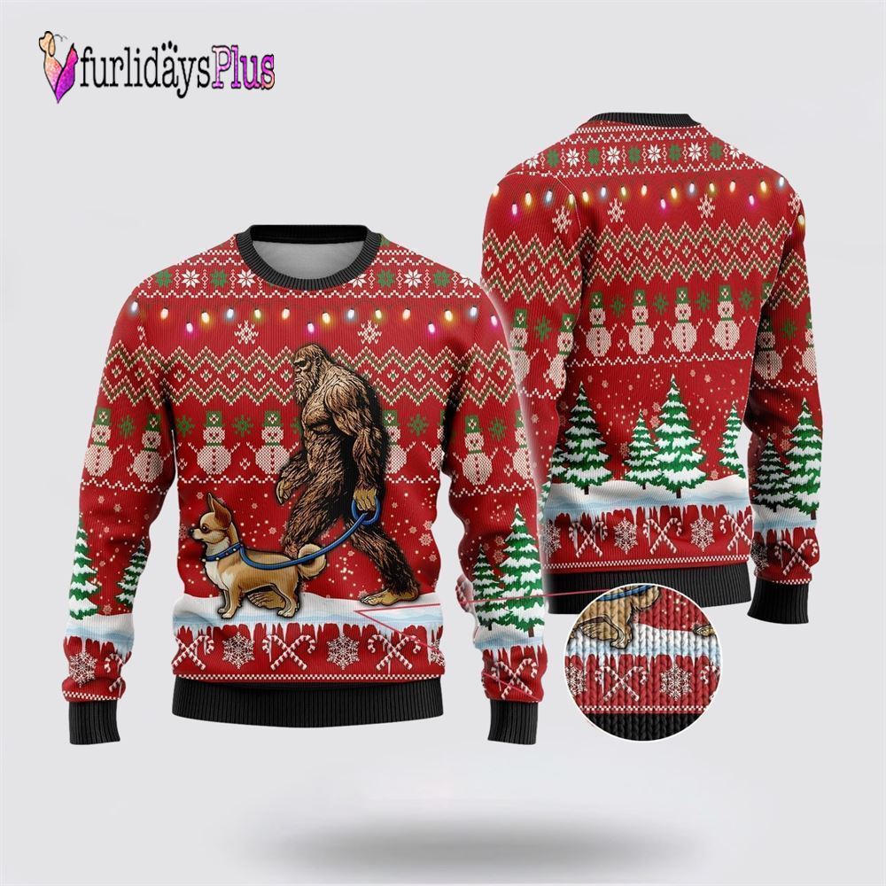 Bigfoot Goes To Spend Christmas With Chihuahua Ugly Christmas Sweater, Best Gift For Christmas