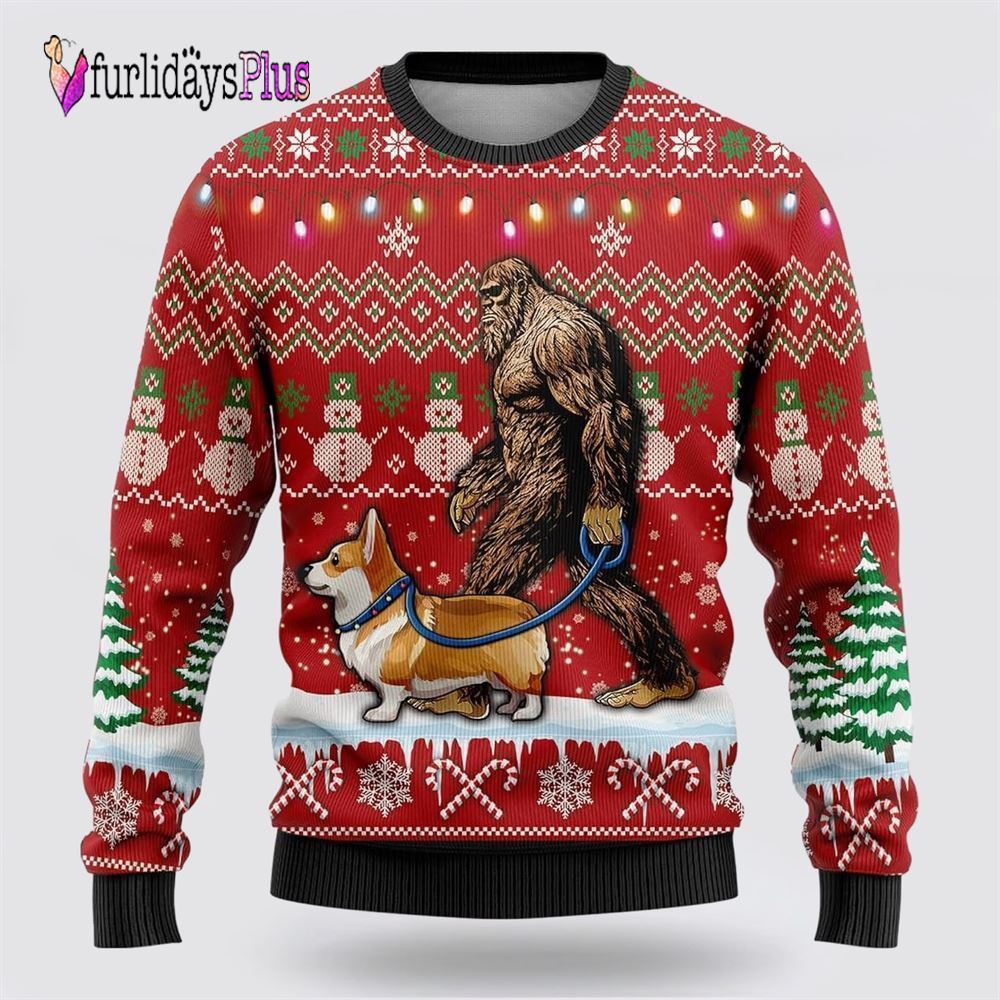 Bigfoot Goes To Spend Christmas With Corgi Ugly Christmas Sweater, Best Gift For Christmas