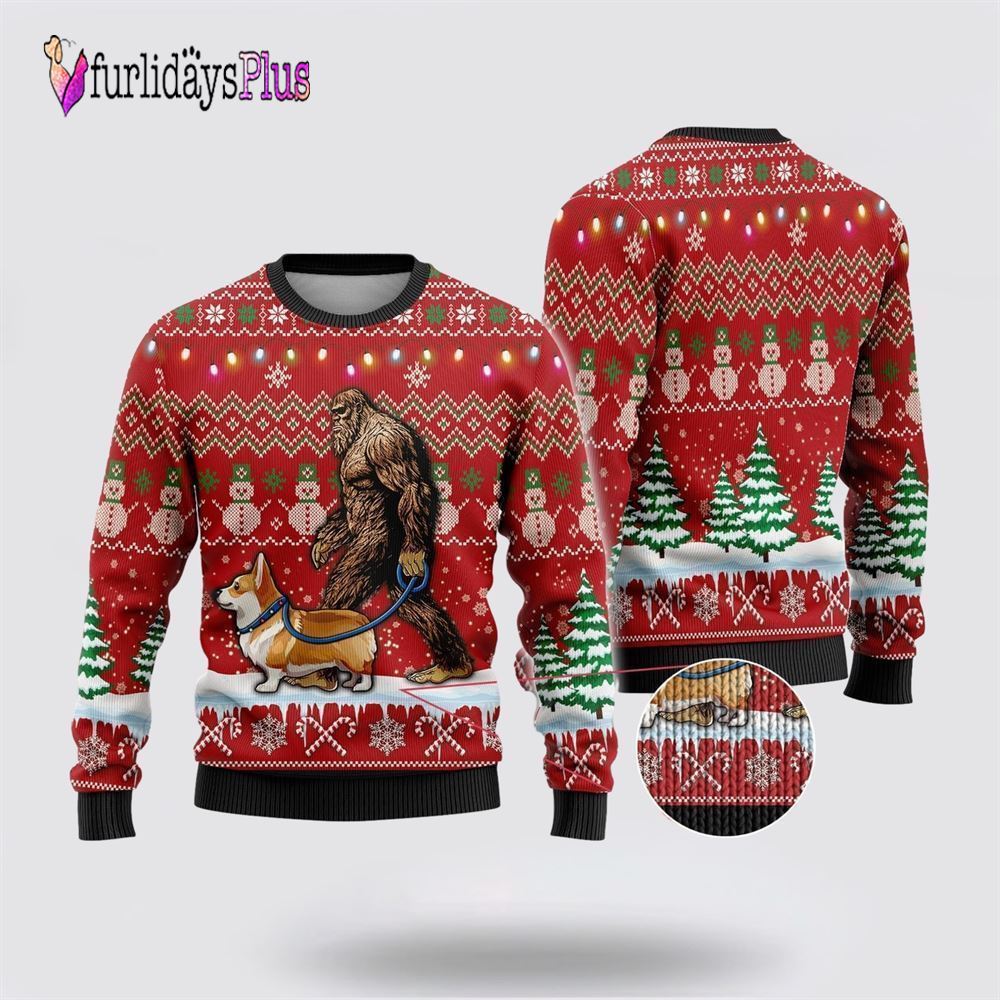 Bigfoot Goes To Spend Christmas With Corgi Ugly Christmas Sweater, Best Gift For Christmas