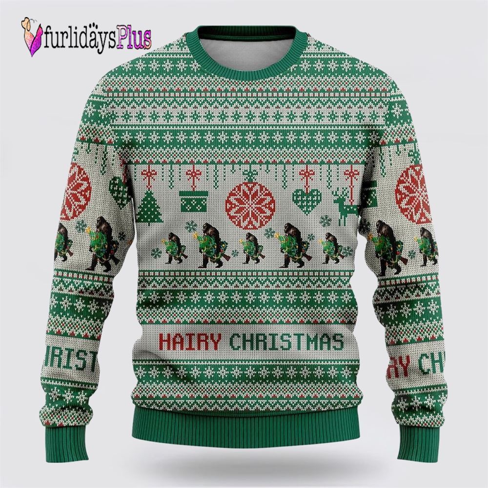 Bigfoot Hairy Christmas Green Pattern Ugly Christmas Sweater, Best Gift For Christmas