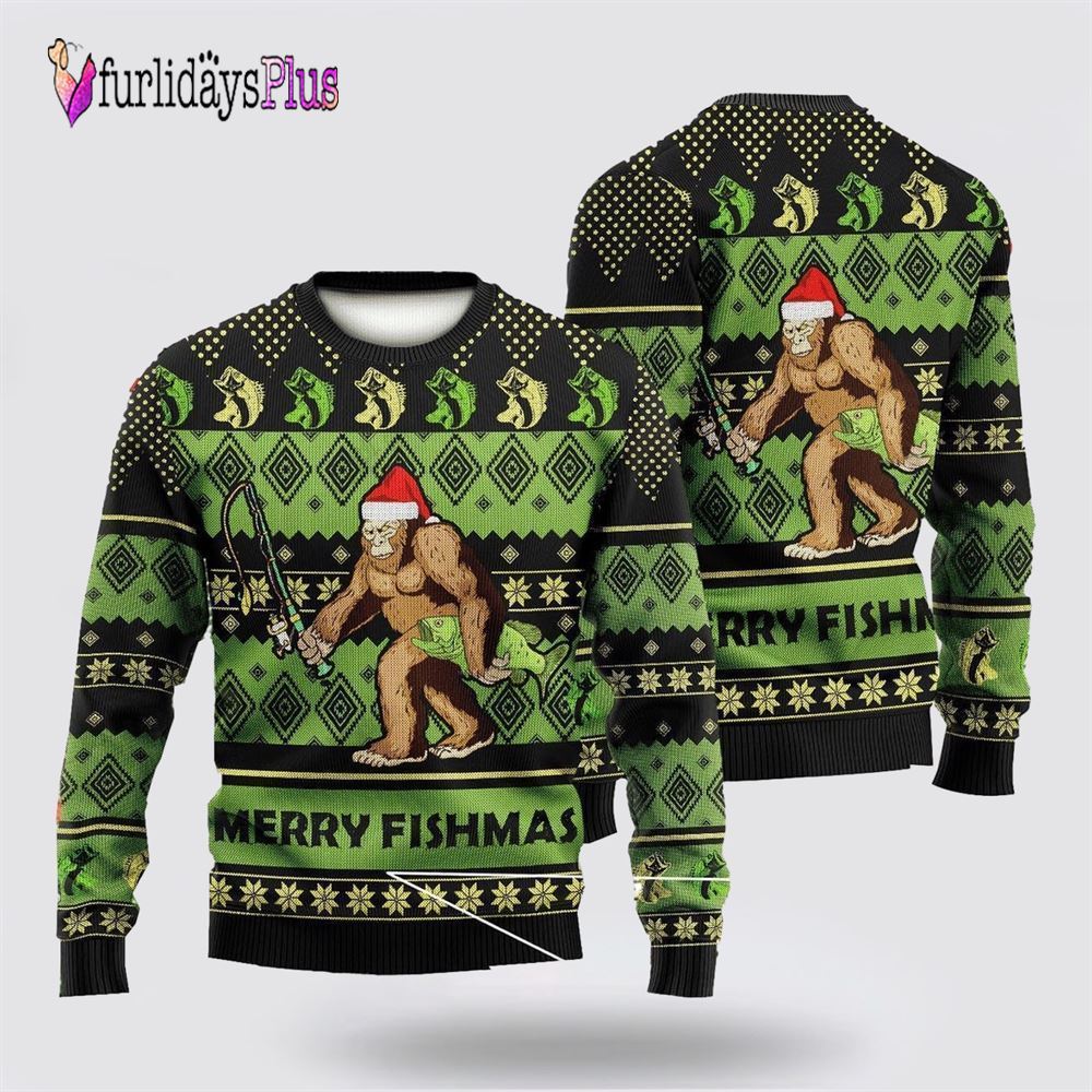 Bigfoot Merry Fishmas Green Ugly Christmas Sweater, Best Gift For Christmas